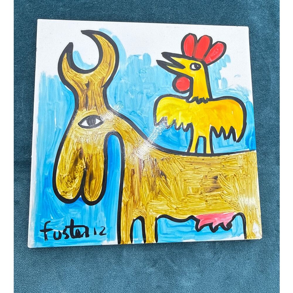 Jose Fuster Original Signed Cuban Ceramic Tile Rooster Donkey Folk Art 8 Inch